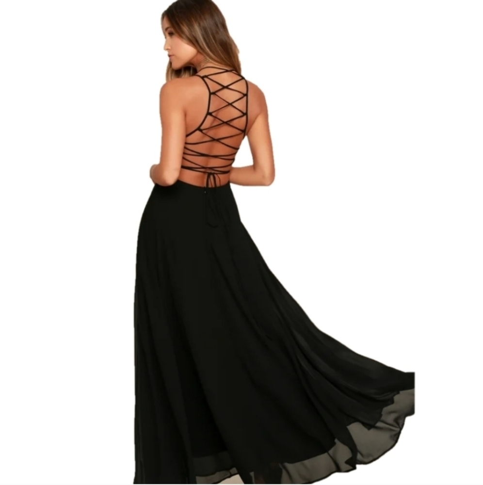 Lulu's Strappy To Be Here Elegant Black Backless Maxi Dress